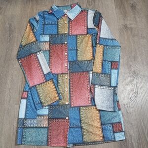 Fashion Nova All Patched Up Mini Shirt Dress. Blue/combo Size 1X